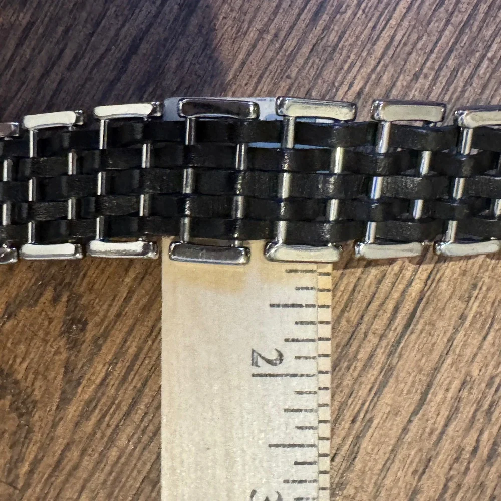 Vintage Solid Brass Chain Link Belt Black Woven Leather Silver Tone Size 40in